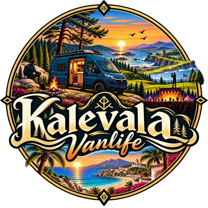 Kalevala Vanlife -logo: pakettiauto nuotiolla männikössä ja Välimeren ranta